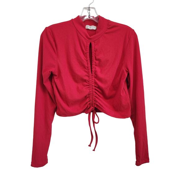 Full Circle Trends Ribbed Long Sleeve Cropped Top Ruched Tie Front Red Size L - Picture 2 of 9